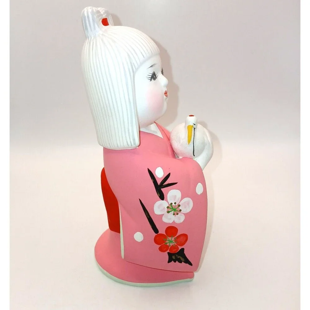 Hakata Doll Japanese Figurine Geisha Girl with Crying Bird Cherry Blossoms 7 in